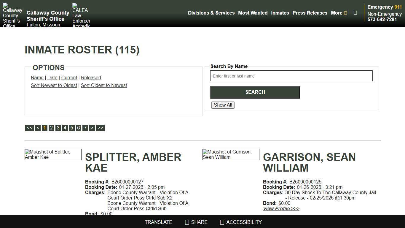 Inmate Roster - Current Inmates Booking Date Descending - Callaway County Sheriff's Office, Missouri
